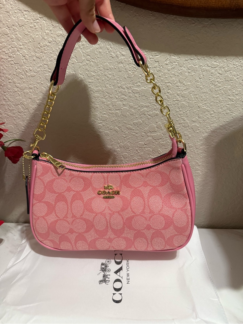 Coach Pink Signature Mini Shoulder Bag with Gold Chain